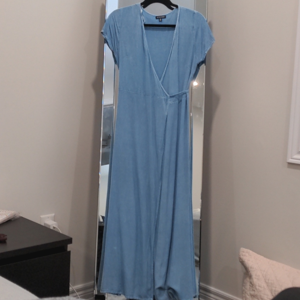 light blue denim wrap maxi